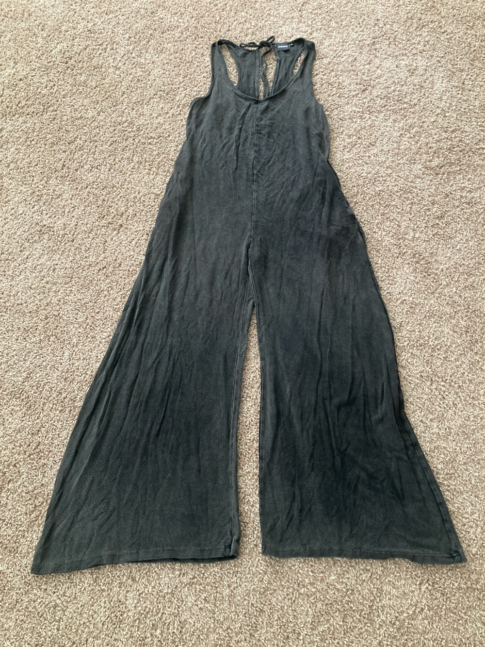 Mono B Washed-Black Sleeveless Wide-Leg Knit Jumpsuit / Romper, Racerback Tie, M
